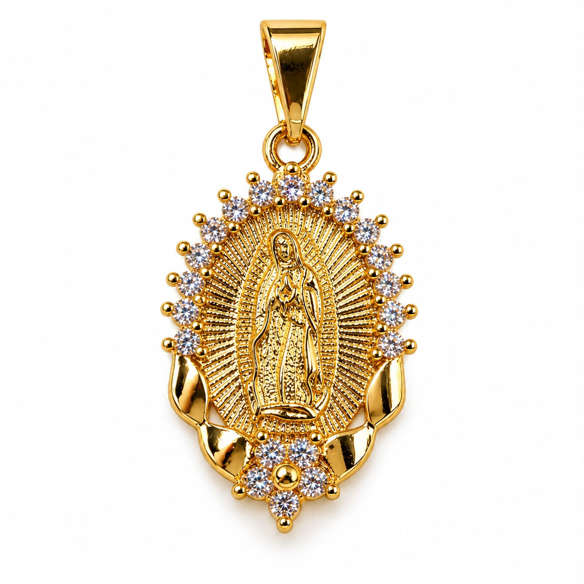 Shop the Virgin of Guadalupe pendant in 18K Gold Filled, detailed with a radiant halo of clear CZ stones. A meaningful piece of religious jewelry.