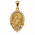 Shop the Virgin of Guadalupe pendant in 18K Gold Filled, detailed with a radiant halo of clear CZ stones. A meaningful piece of religious jewelry.