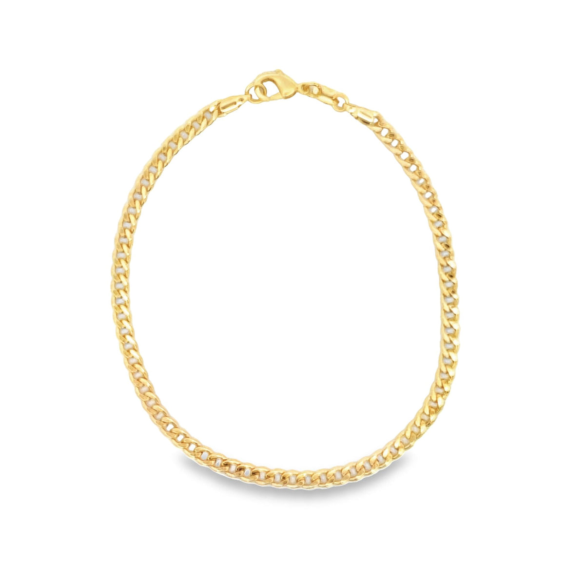 A polished gold chain necklace curves gracefully against a plain white background, highlighting its classic interlocking links and secure lobster clasp.