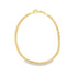 A polished gold chain necklace curves gracefully against a plain white background, highlighting its classic interlocking links and secure lobster clasp.