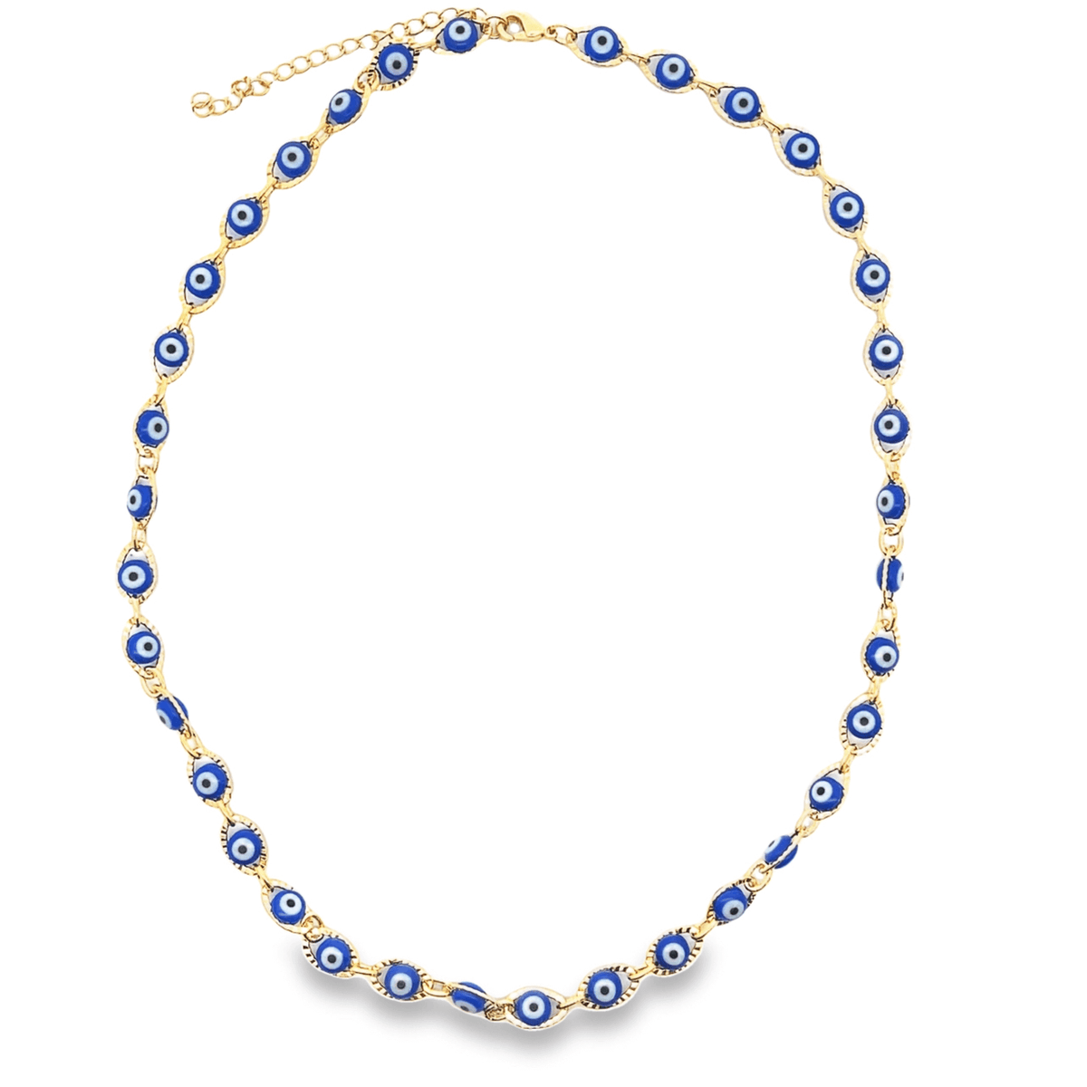 A gold chain necklace displays a continuous series of blue and white evil eye beads arranged in a circle against a white background.