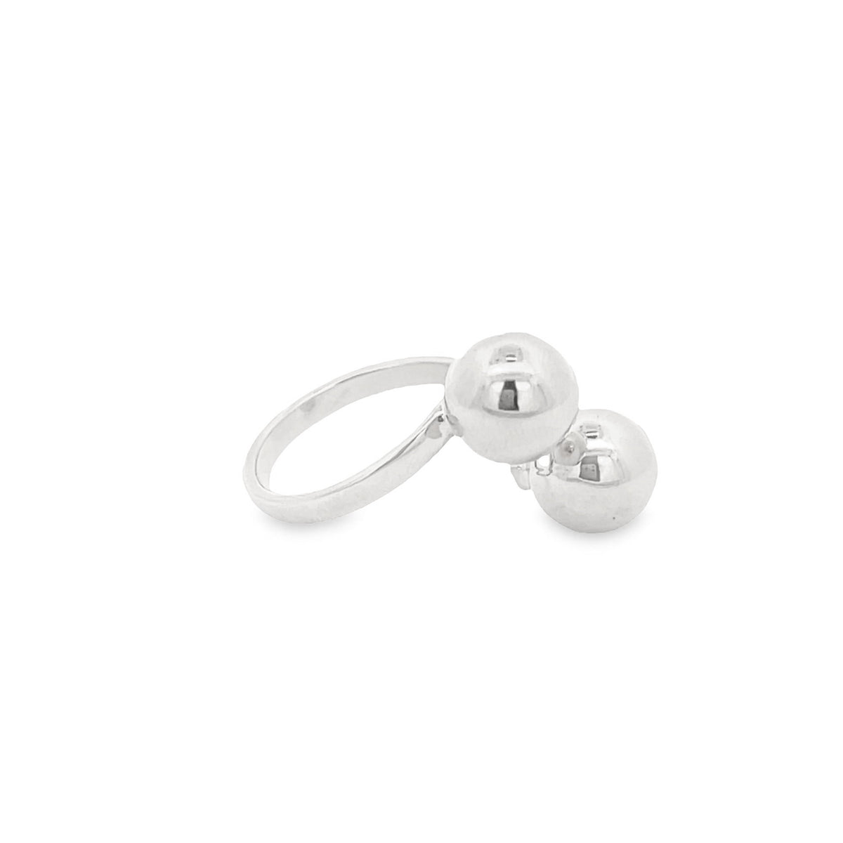 A polished silver ring features two smooth, spherical balls resting side by side against a white background.