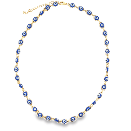 A gold chain necklace displays a continuous series of blue and white Turkish evil eye beads against a white background.