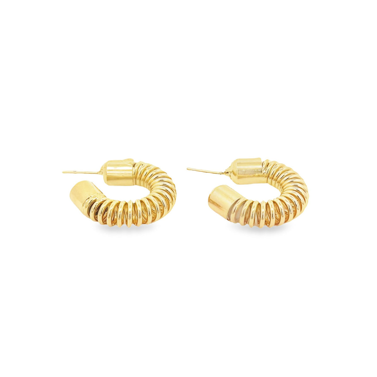 A pair of shiny gold hoop earrings features a distinct ridged, coiled design against a plain white background.