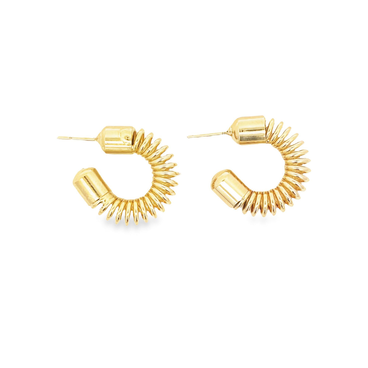 A pair of shiny gold hoop earrings features a unique coiled spring design against a clean white background.