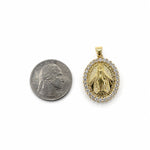 Elegant Virgin Mary oval pendant in 18K Gold Filled with sparkling clear CZ accents. A meaningful religious jewelry piece and beautiful faith-inspired gift.