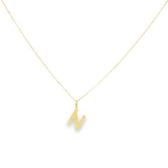 A delicate gold initial N pendant hangs gracefully from a thin matching chain necklace.