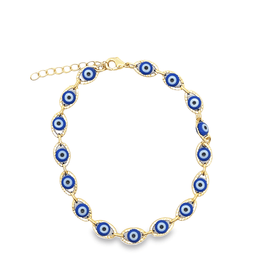 A gold evil eye anklet displays a continuous circle of blue and white glass charms on a white background.