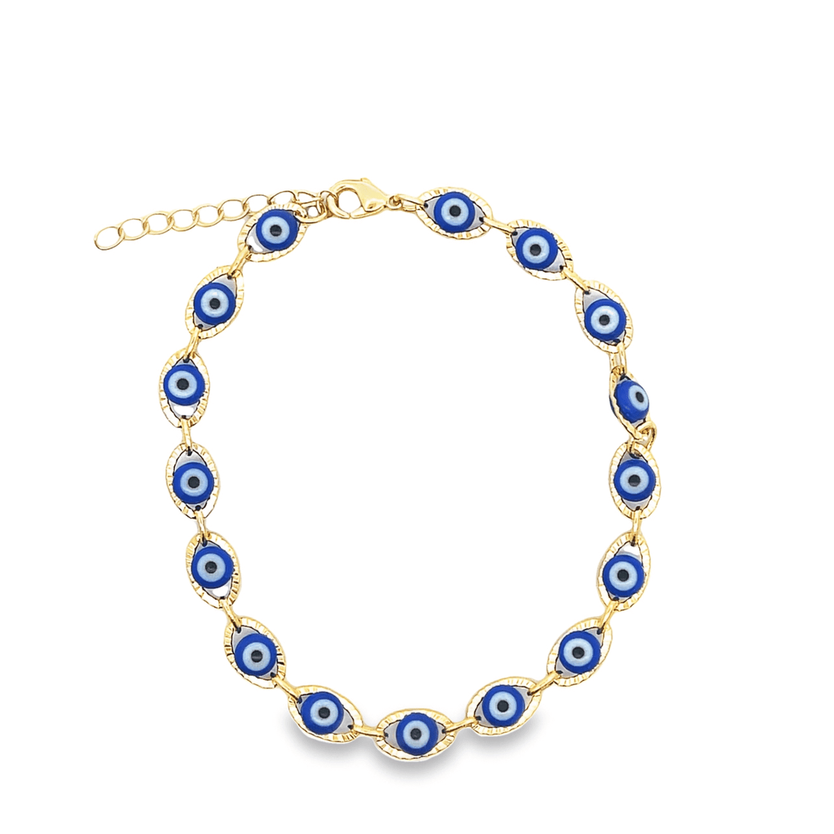 A gold evil eye bracelet features vibrant blue and white glass charms linked in a continuous circle against a clean white background.