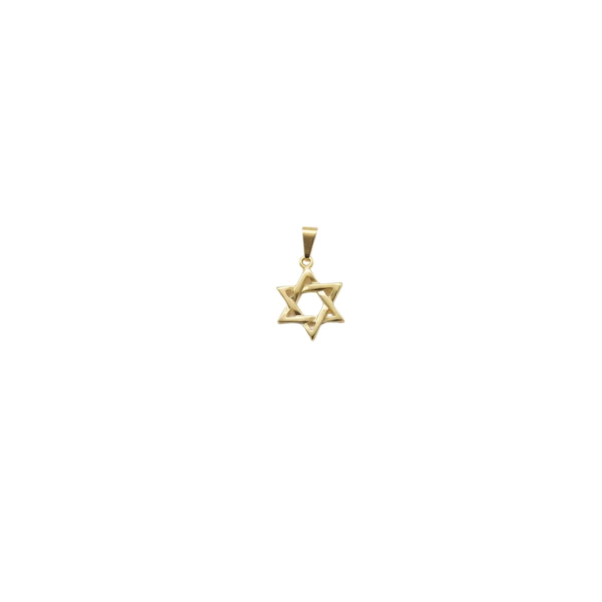 A delicate gold Star of David pendant gleams against a clean white background.