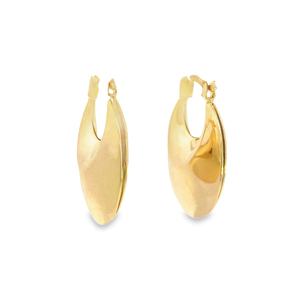 A pair of glossy gold teardrop hoop earrings gleams against a clean white background.
