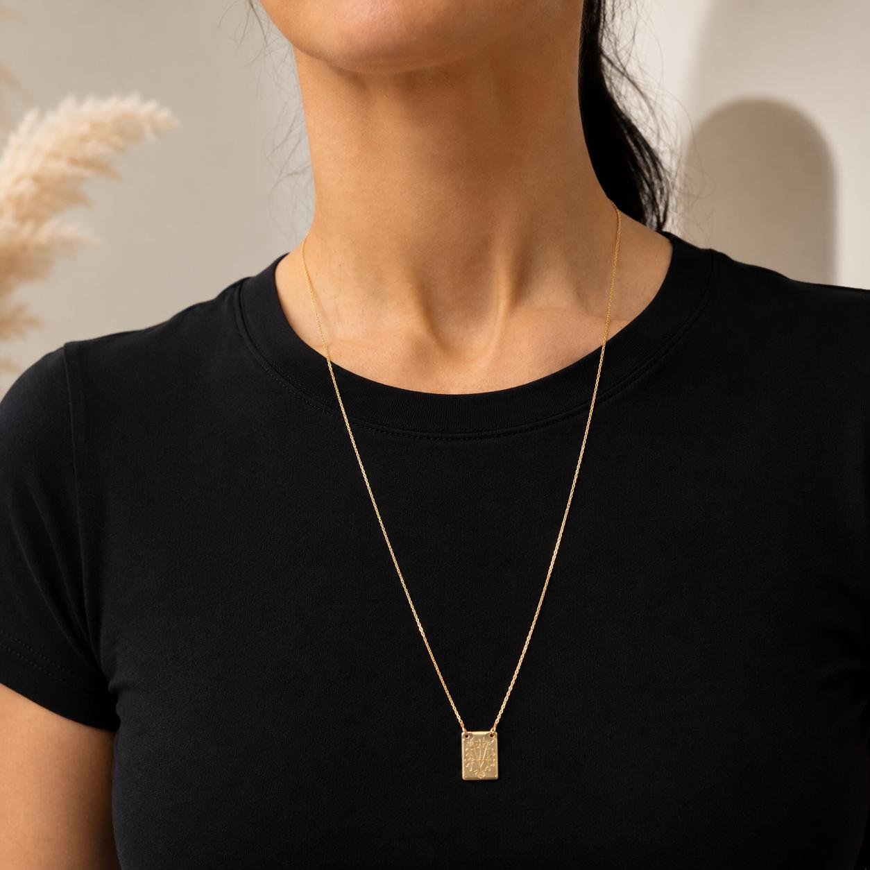 Elegant 18K Gold Filled Miraculous Medal scapular necklace featuring two devotional rectangular medals with the Blessed Virgin Mary and traditional Catholic Miraculous Medal symbol. Lightweight, hypoallergenic, and perfect for everyday wear.