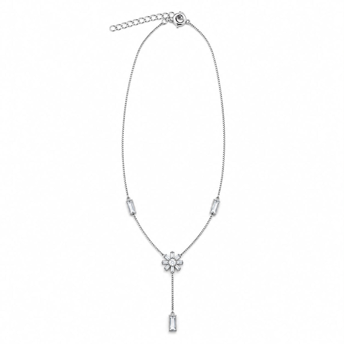 Shop the Baguette CZ Flower Y-Lariat Necklace featuring a delicate floral center, rectangular CZ stones and an elegant drop pendant.