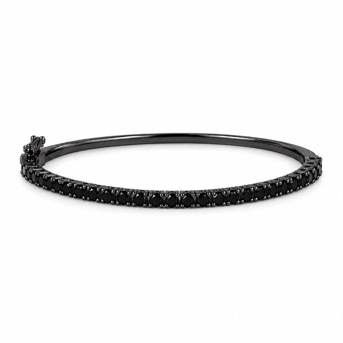 A sleek black gold bangle bracelet sparkles with a continuous row of round black diamonds against a clean white background.