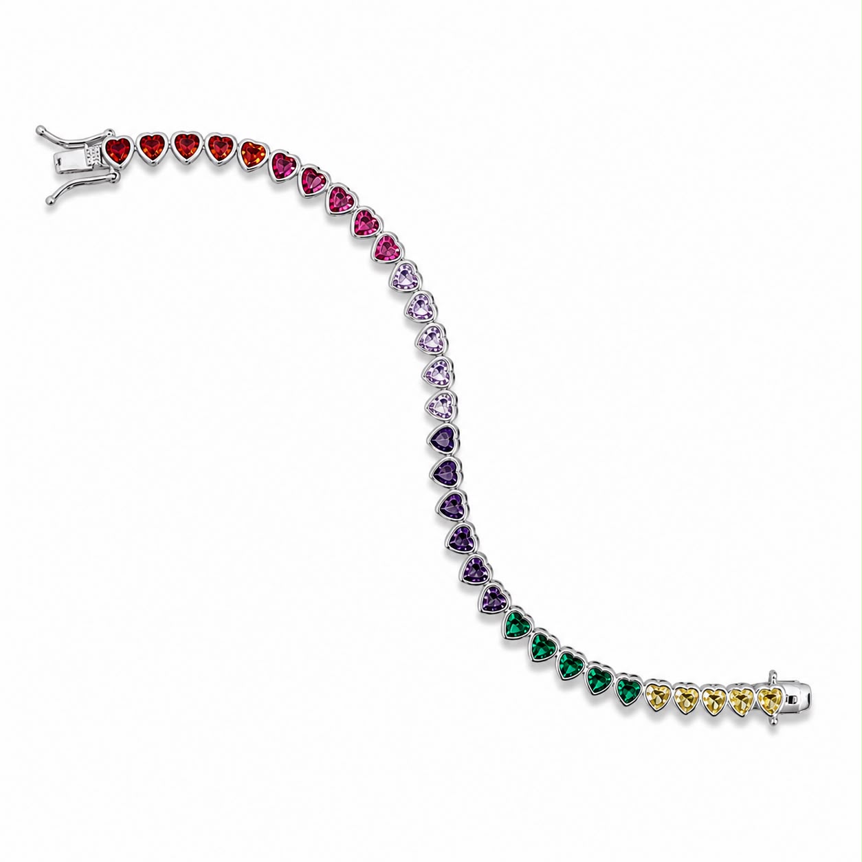Elegant Rainbow Heart Tennis crafted in premium 18K Gold Filled over brass. Features colorful heart-shaped cubic zirconia stones, hypoallergenic construction, tarnish resistance, and a timeless tennis design for everyday wear.