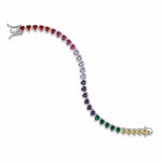 Elegant Rainbow Heart Tennis crafted in premium 18K Gold Filled over brass. Features colorful heart-shaped cubic zirconia stones, hypoallergenic construction, tarnish resistance, and a timeless tennis design for everyday wear.