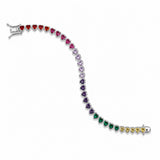 Elegant Rainbow Heart Tennis crafted in premium 18K Gold Filled over brass. Features colorful heart-shaped cubic zirconia stones, hypoallergenic construction, tarnish resistance, and a timeless tennis design for everyday wear.