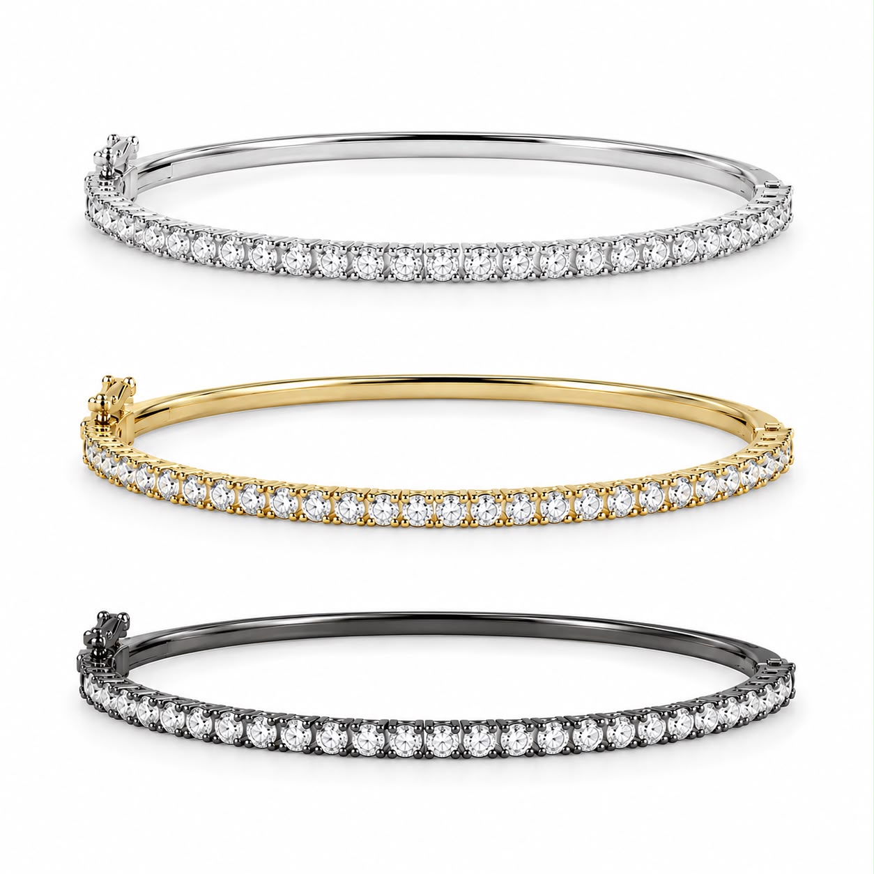 Three diamond tennis bangles in white gold, yellow gold, and black rhodium display sparkling round-cut stones against a white background.