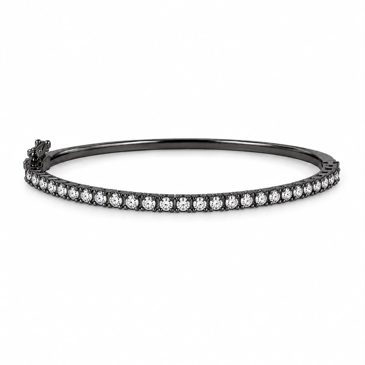 A sleek black diamond tennis bracelet sparkles against a clean white background.