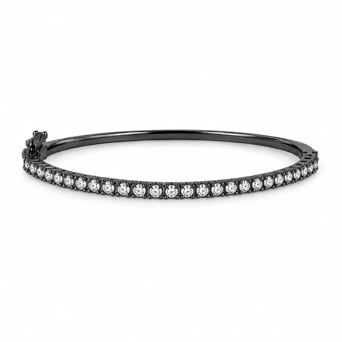A black rhodium-plated sterling silver bangle bracelet features a sparkling row of round-cut white cubic zirconia stones.