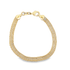 A delicate gold mesh bracelet rests in a curved shape against a white background, featuring a secure lobster claw clasp.