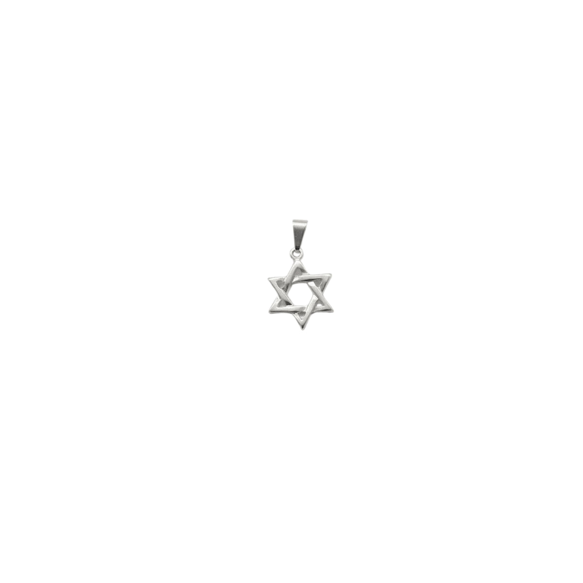 A polished silver Star of David pendant hangs centered against a clean white background.