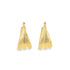 A pair of gold hoop earrings featuring a multi-layered design rests on a white background.