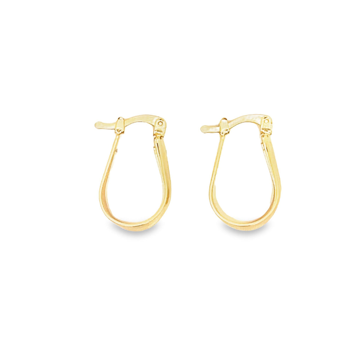 A pair of polished gold hoop earrings displays a classic, sleek design against a clean white background.