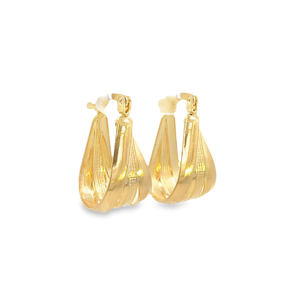 A pair of elegant gold hoop earrings gleams against a clean white background.