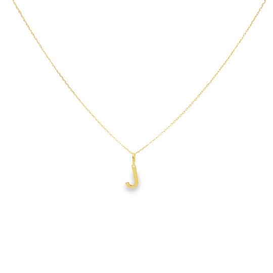A delicate gold chain necklace dangles a polished initial J pendant against a white background.