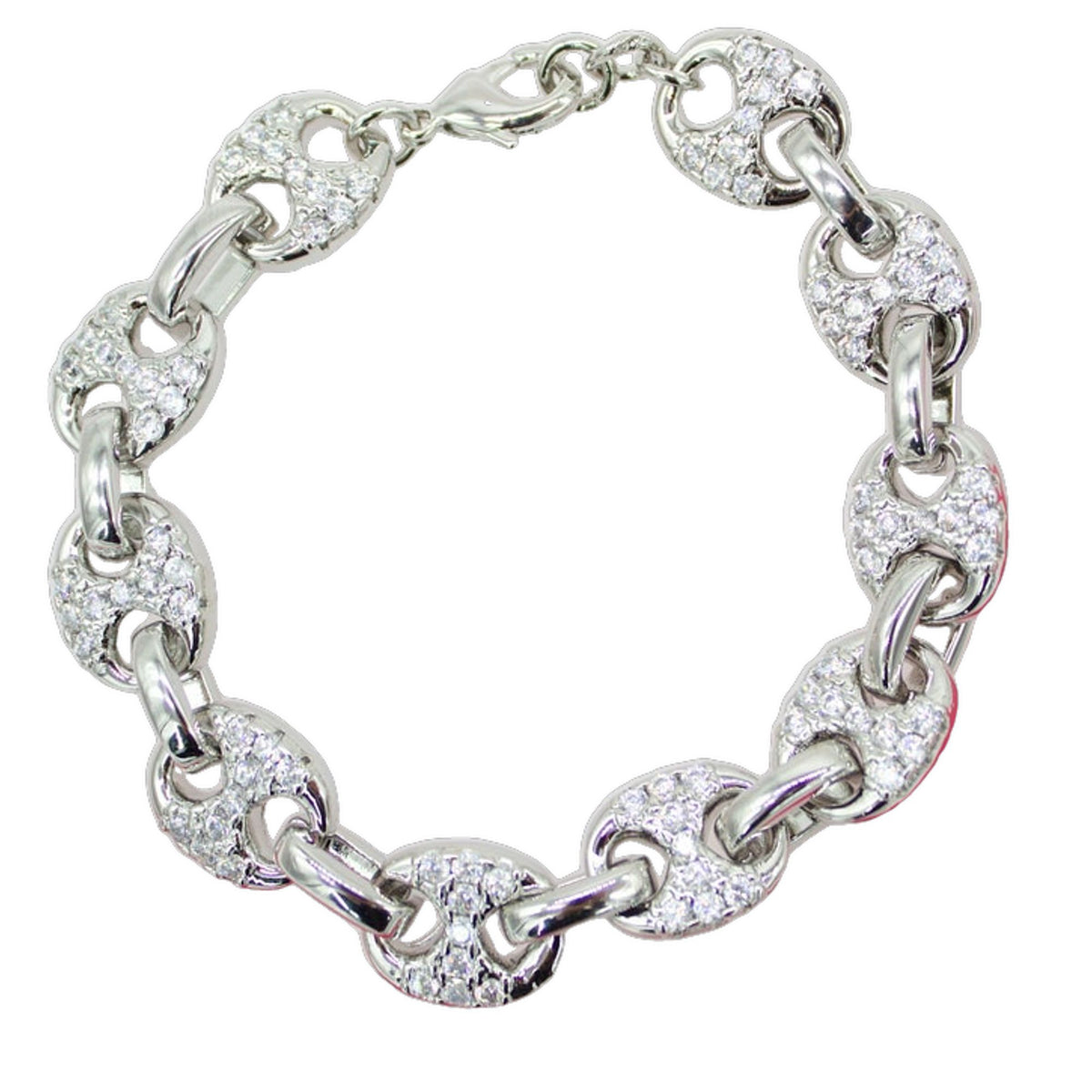 A shimmering silver link bracelet sparkles with brilliant pavé-set cubic zirconia stones along each interconnected anchor link.