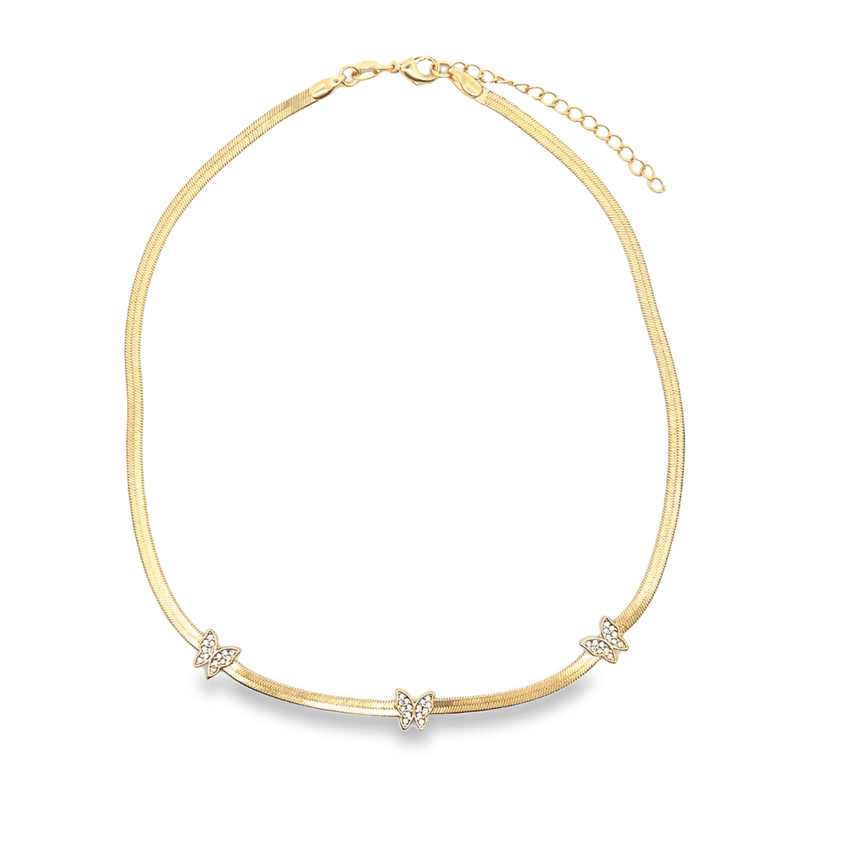 A gleaming gold herringbone chain necklace features three sparkling rhinestone butterflies along the front.