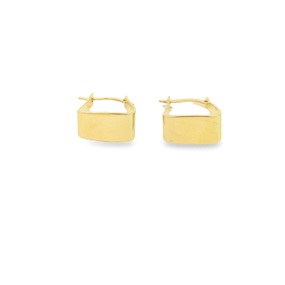 A pair of polished gold rectangular hoop earrings rests against a clean white background.