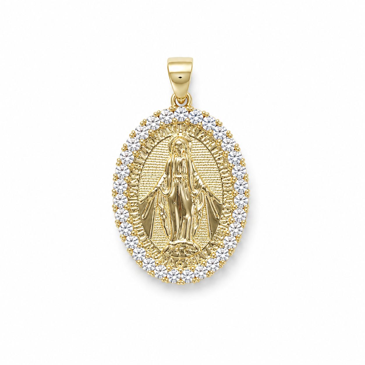 Elegant Virgin Mary oval pendant in 18K Gold Filled with sparkling clear CZ accents. A meaningful religious jewelry piece and beautiful faith-inspired gift.