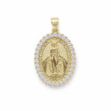 Elegant Virgin Mary oval pendant in 18K Gold Filled with sparkling clear CZ accents. A meaningful religious jewelry piece and beautiful faith-inspired gift.