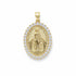 A gold Miraculous Medal pendant features an oval frame encrusted with sparkling cubic zirconia stones.