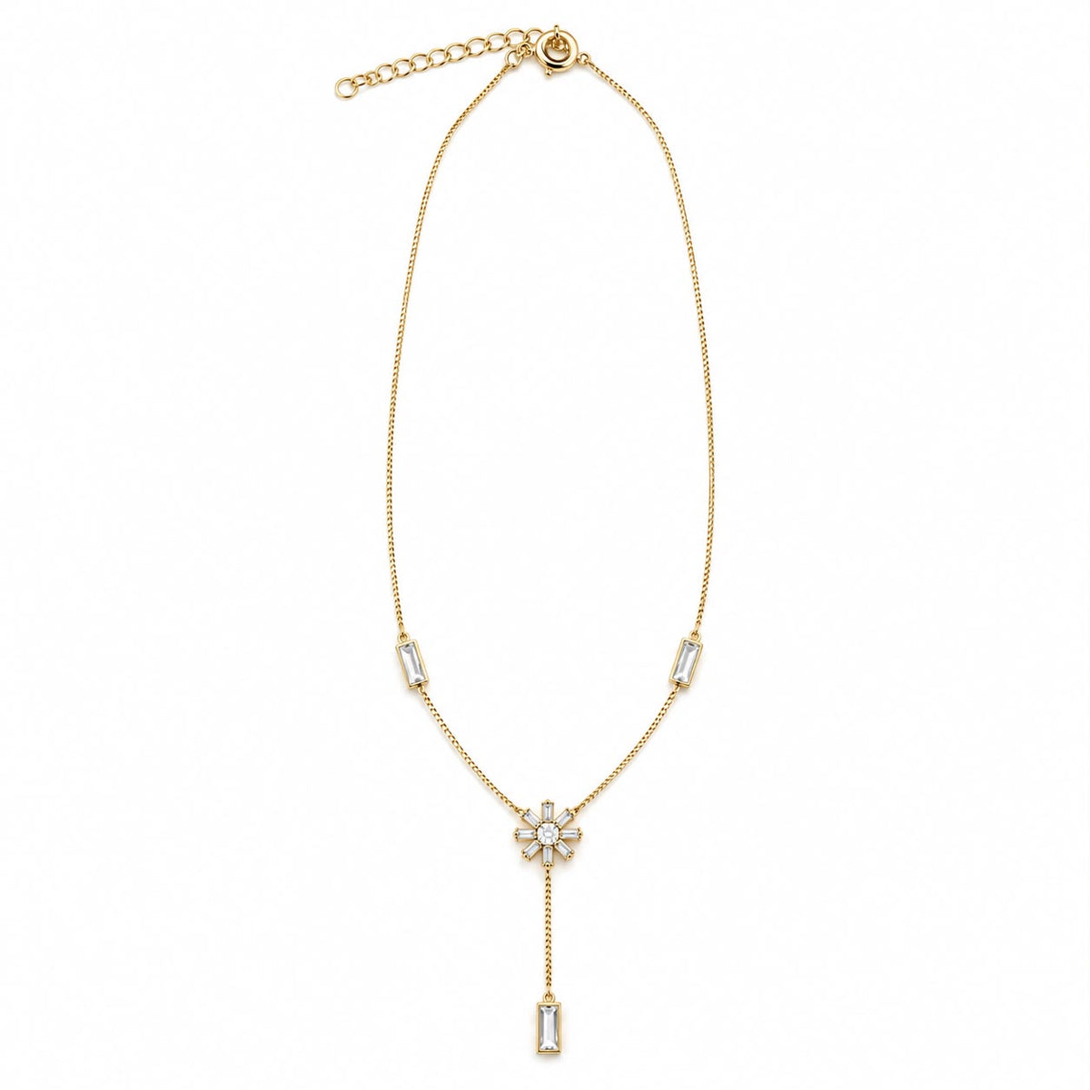 Shop the Baguette CZ Flower Y-Lariat Necklace featuring a delicate floral center, rectangular CZ stones and an elegant drop pendant.