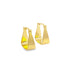 A pair of polished gold hoop earrings in a unique triangular shape sits against a white background.