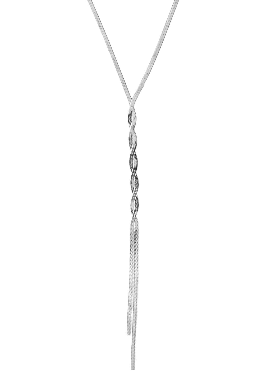 A sleek silver lariat necklace features a flexible herringbone chain twisting into a dangling Y-shape.