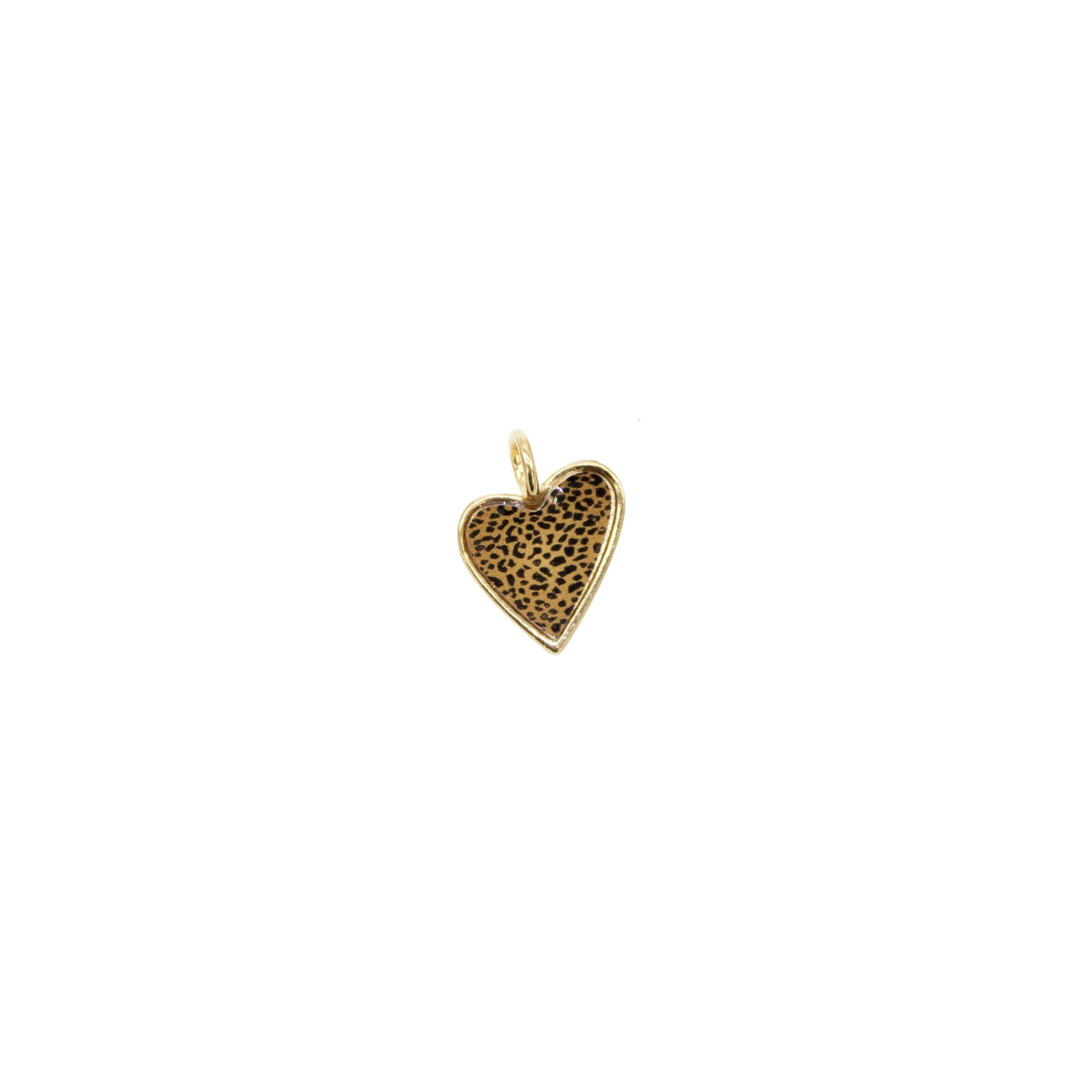 A gold heart-shaped charm features a stylish leopard print pattern on a white background.