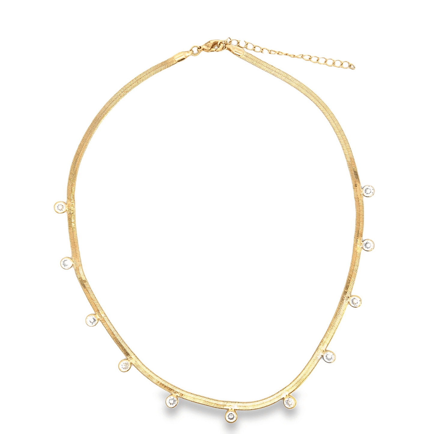 A gold herringbone chain necklace features dangling round diamond bezel charms against a clean white background.