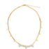 A gold herringbone chain necklace features dangling round diamond bezel charms against a clean white background.