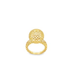 Bold geometric dome ring with an open lattice design. Lightweight statement ring in gold or silver finish, perfect for modern everyday styling.