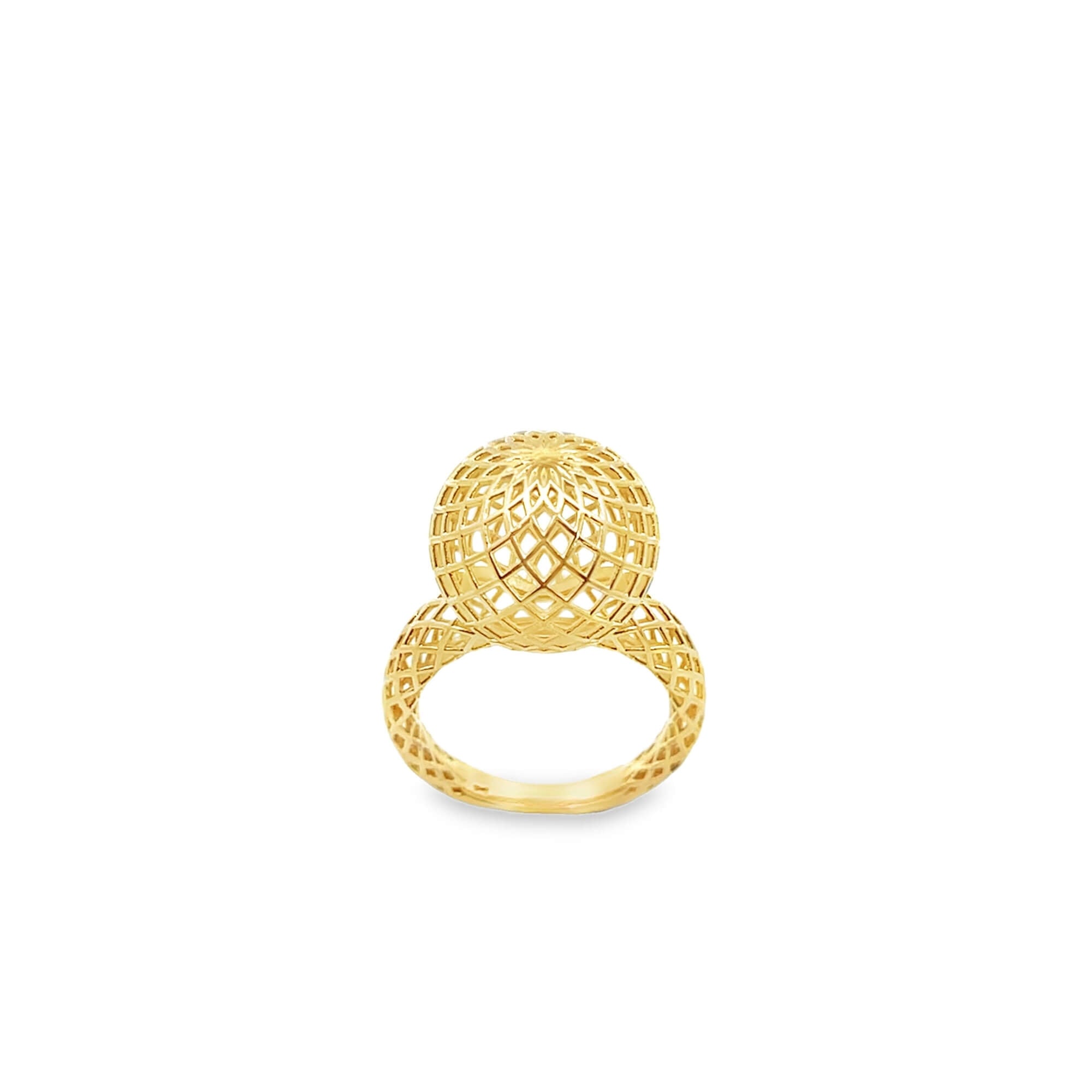 Bold geometric dome ring with an open lattice design. Lightweight statement ring in gold or silver finish, perfect for modern everyday styling.