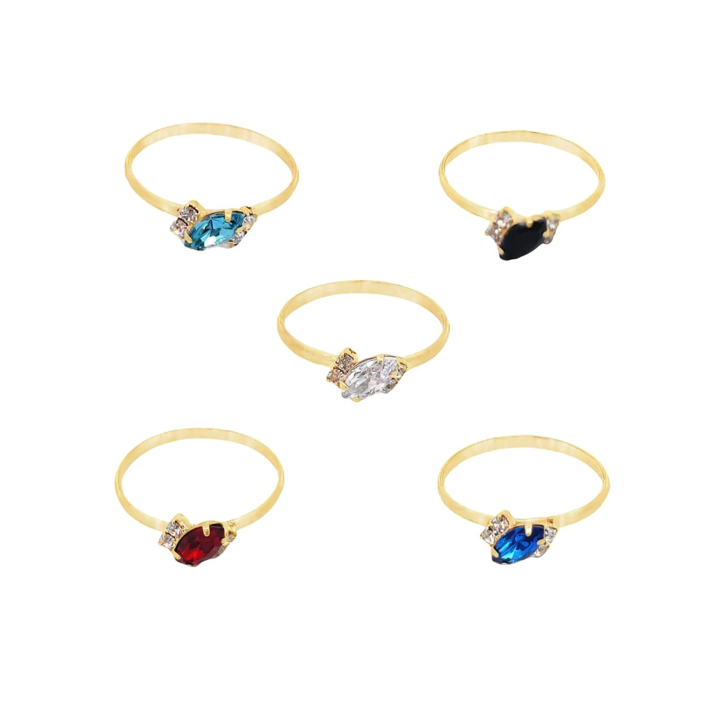 Five delicate gold rings display marquise-cut gemstone accents in blue, black, white, red, and sapphire against a clean white background.