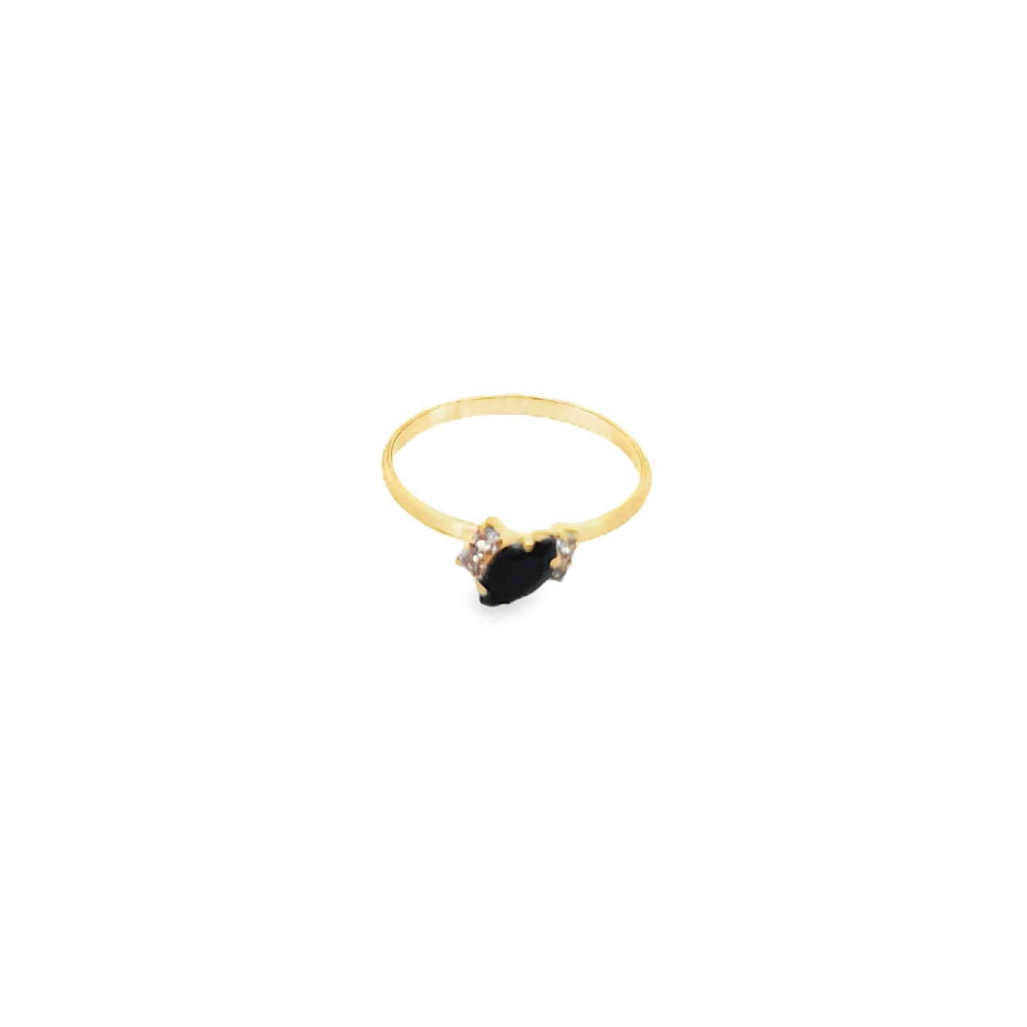 A delicate gold ring features a striking black marquise gemstone accented by tiny sparkling diamonds.
