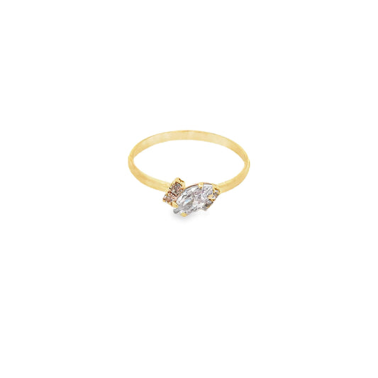 A delicate gold ring showcases a sparkling marquise-cut diamond accented with smaller brown gemstones.