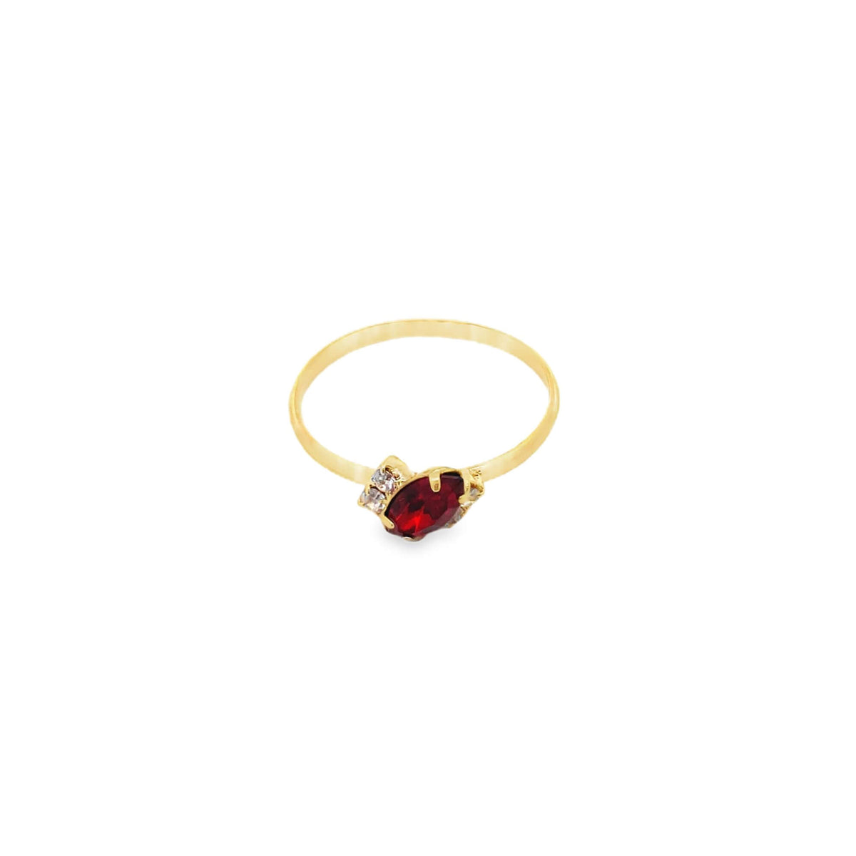A delicate gold ring showcases a vibrant marquise-cut red ruby accented by sparkling tiny diamonds.