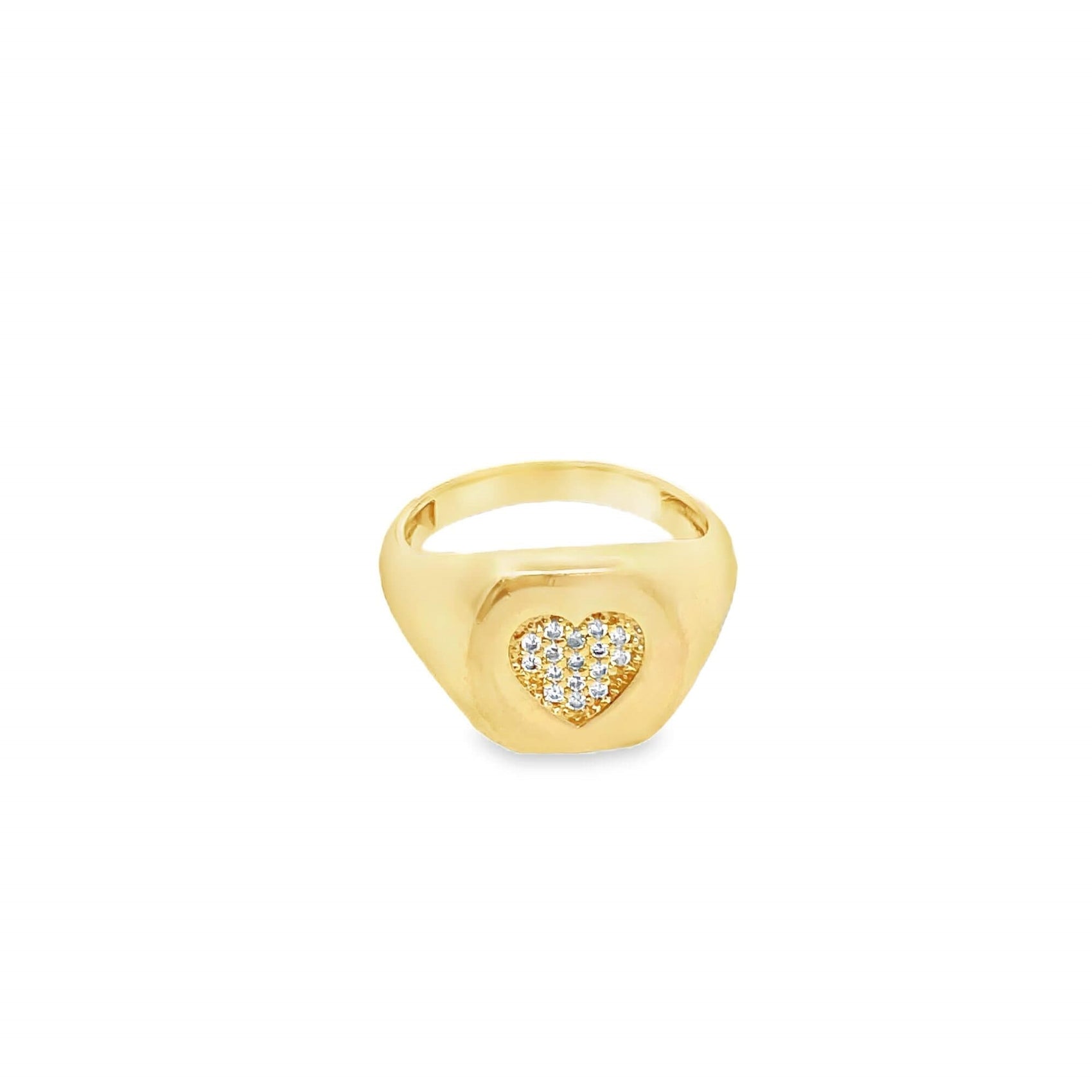 A polished gold signet ring features a sparkling diamond-paved heart inlay centered on its flat face.