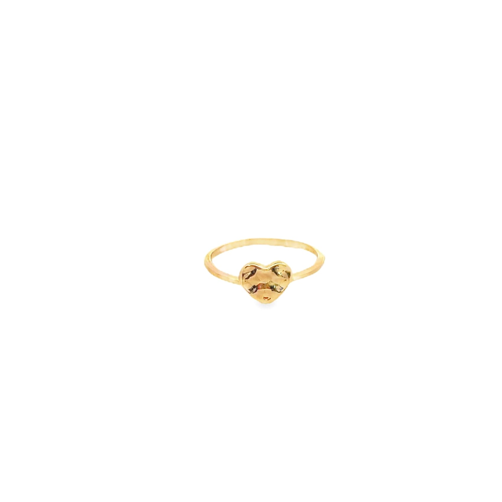 A gold ring features a hammered heart-shaped centerpiece against a plain white background.